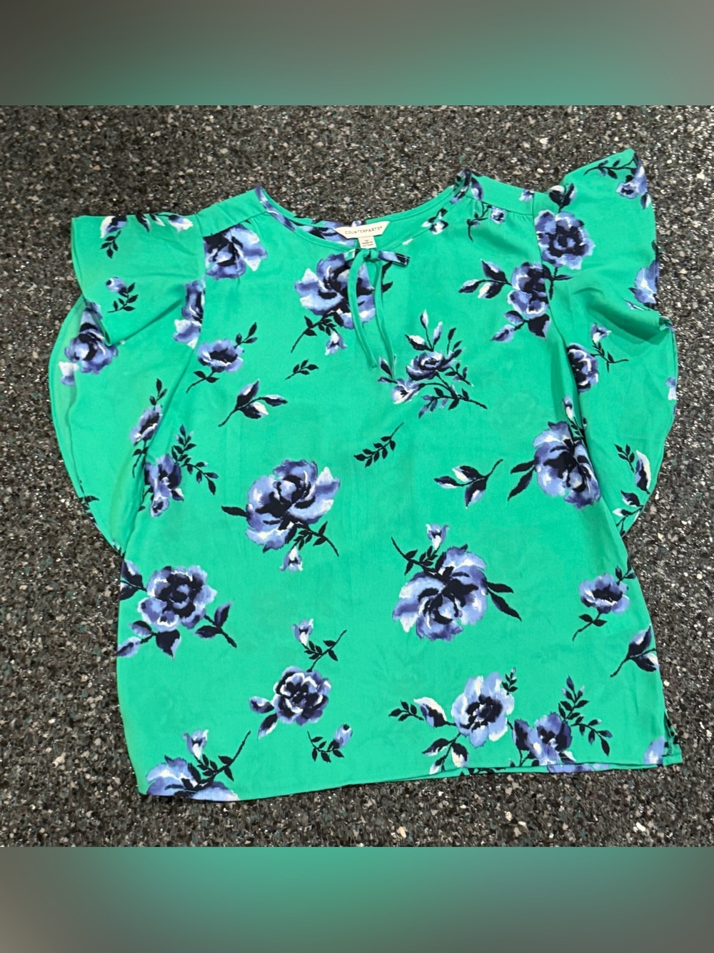Counterparts Women’s Green/Blue Floral V-Neck Tie Neck Cap Sleeve Blouse M